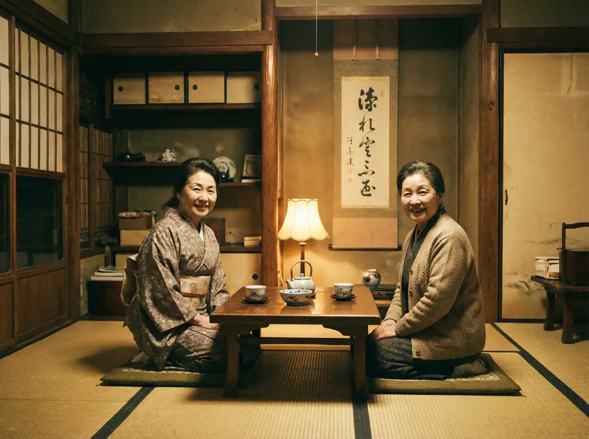 两位优雅的 10寸笔记本电脑 在日式茶室中品茶交谈